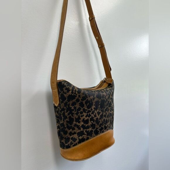 Vintage 90’s Anne Klein Leopard Print Shoulder Bag Brown Leather Canvas Combo - Picture 7 of 16